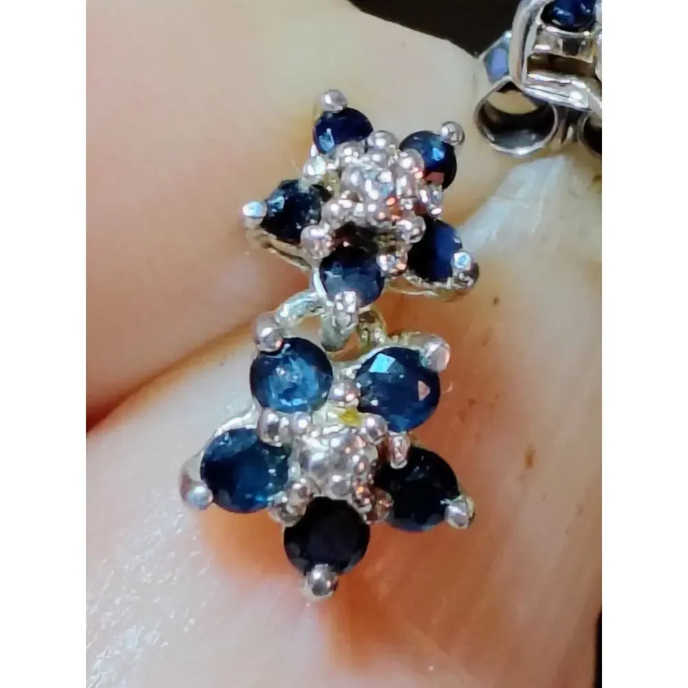 925 Sterling Sapphire Diamond ClusterDrop Stud Earring 2.15g